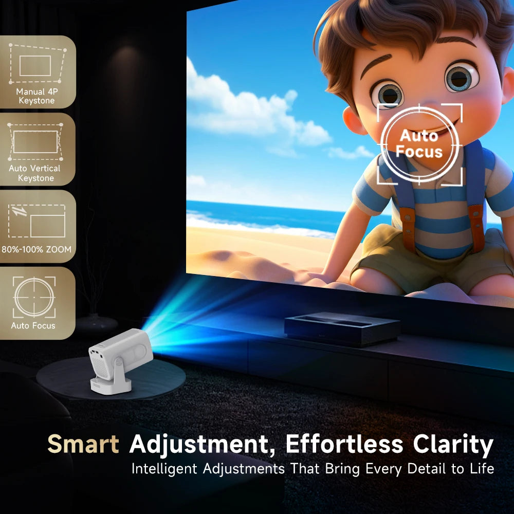 Auto Focus Projector 1080P Native 4K 330ANSI Android 11 WiFi6 BT5.4 Mini Outdoor Movie Projector with Air Mouse