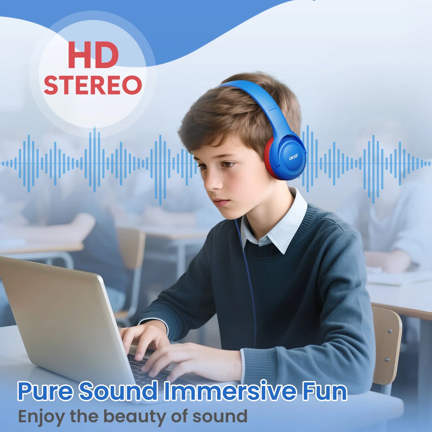 Acer Kids Headphones Wired for School 85/94dB Volume Limiter Foldable Stereo Sound Headset for Kids Learning Tablet IPad PC