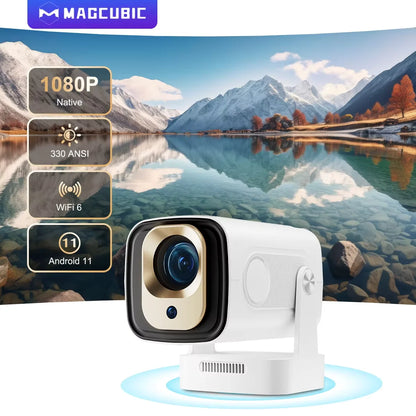 Auto Focus Projector 1080P Native 4K 330ANSI Android 11 WiFi6 BT5.4 Mini Outdoor Movie Projector with Air Mouse