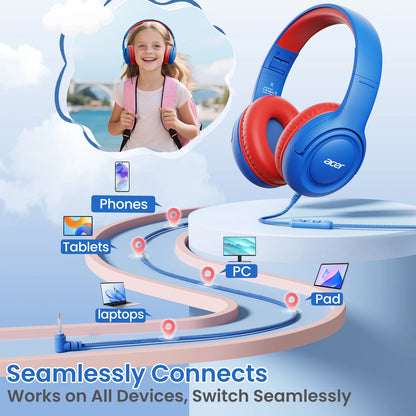 Acer Kids Headphones Wired for School 85/94dB Volume Limiter Foldable Stereo Sound Headset for Kids Learning Tablet IPad PC