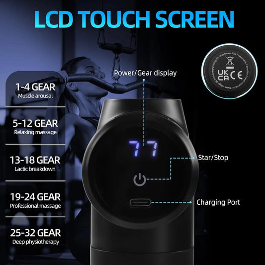 Massage Gun Deep Tissue Muscle Percussion Massager, 32 Speeds with LCD Touch Screen 8 Heads Shoulder Body Neck Back Relaxation