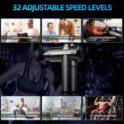 Massage Gun Deep Tissue Muscle Percussion Massager, 32 Speeds with LCD Touch Screen 8 Heads Shoulder Body Neck Back Relaxation