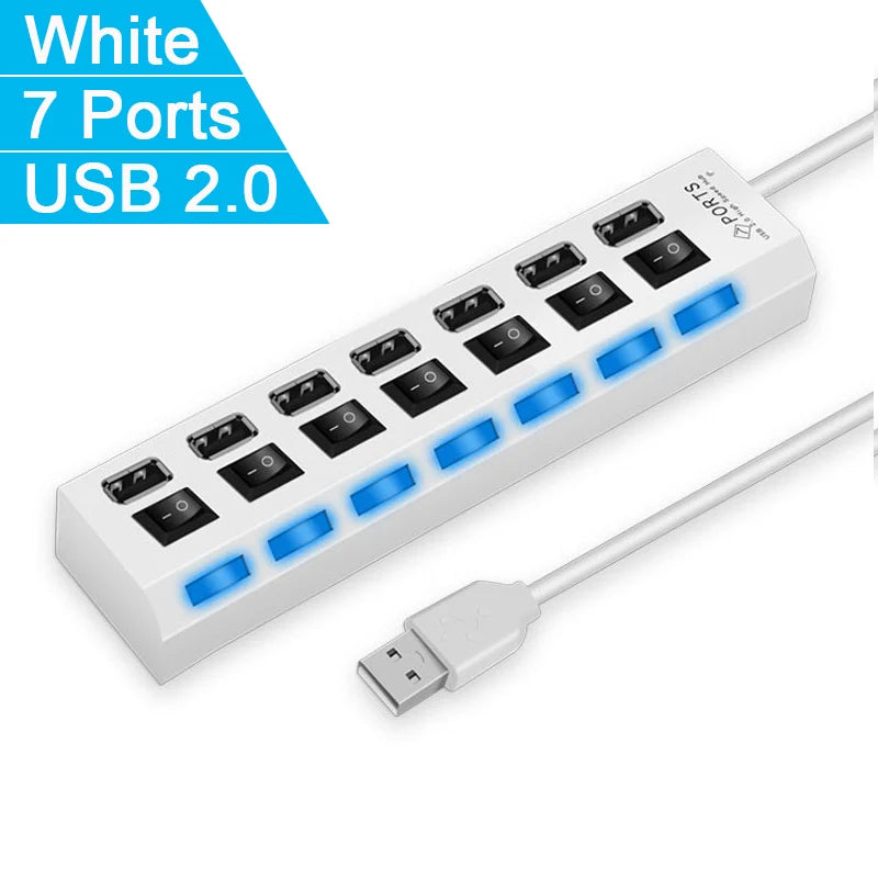 High Speed 4/7 Ports USB HUB 2.0 data transfer Adapter Expander Multi USB Splitter Multiple Extender with LED Lamp Switch for PC Laptop