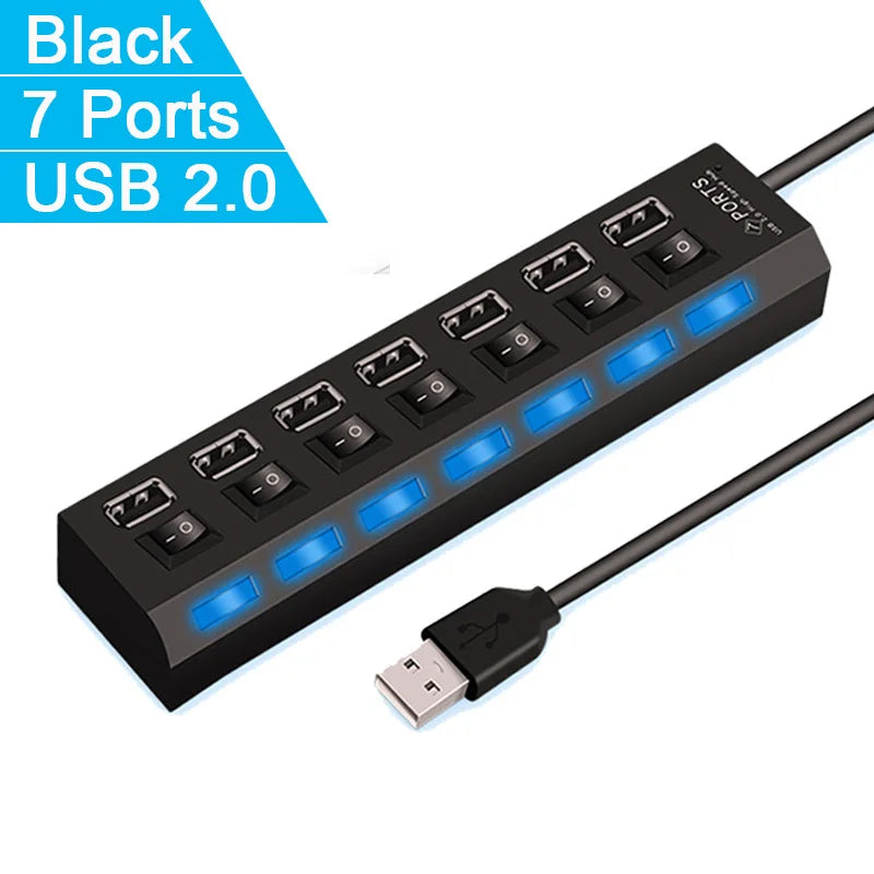 High Speed 4/7 Ports USB HUB 2.0 data transfer Adapter Expander Multi USB Splitter Multiple Extender with LED Lamp Switch for PC Laptop